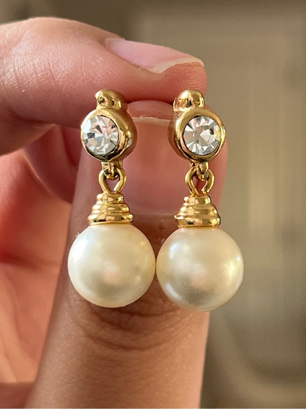 Vintage Christian Dior Round Pearl Drop Dangle Rhinestone 14k Gold Post Earrings